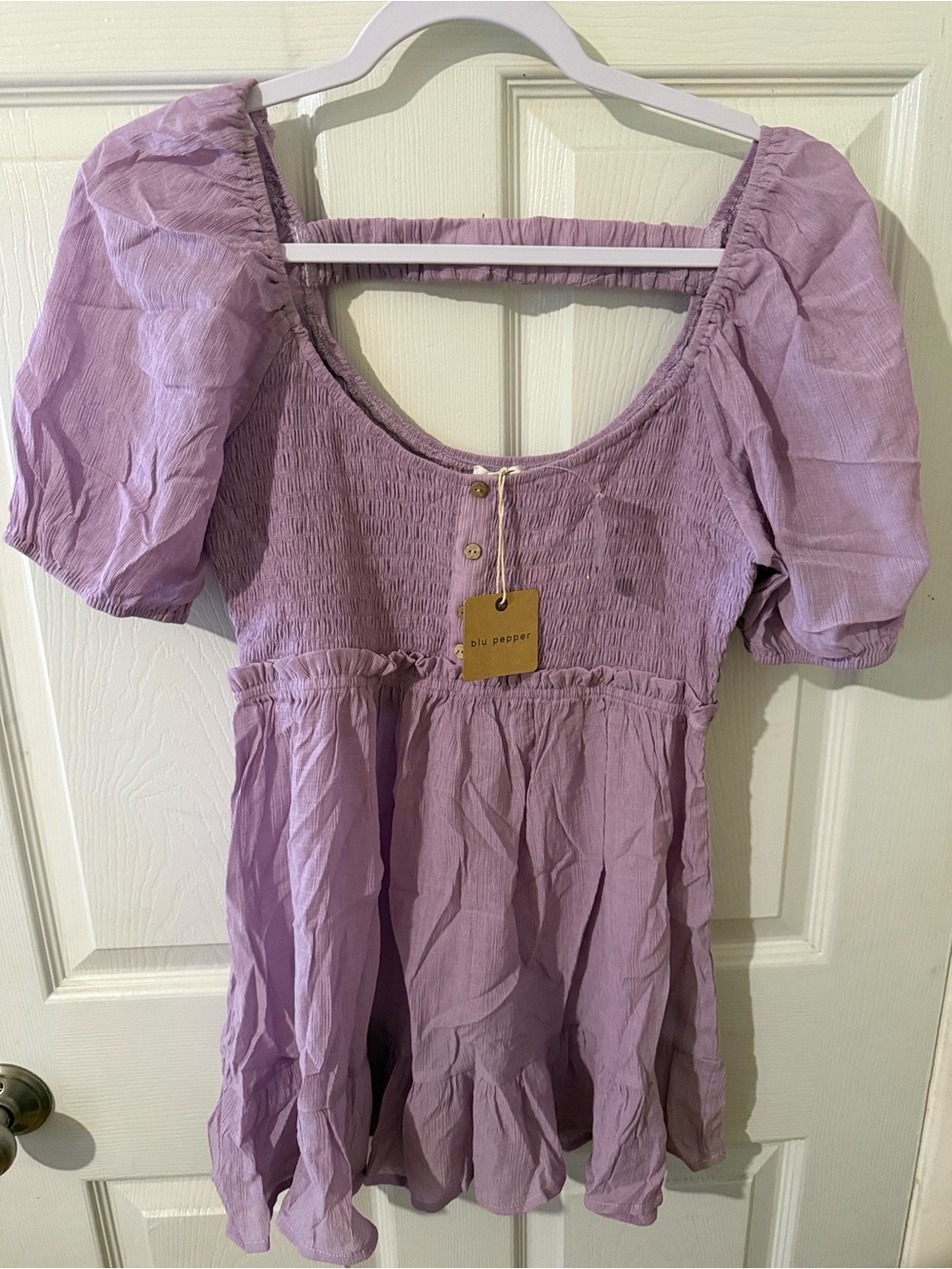 Blu Pepper Lavender Smocked Babydoll Puff Sleeve Top NWT